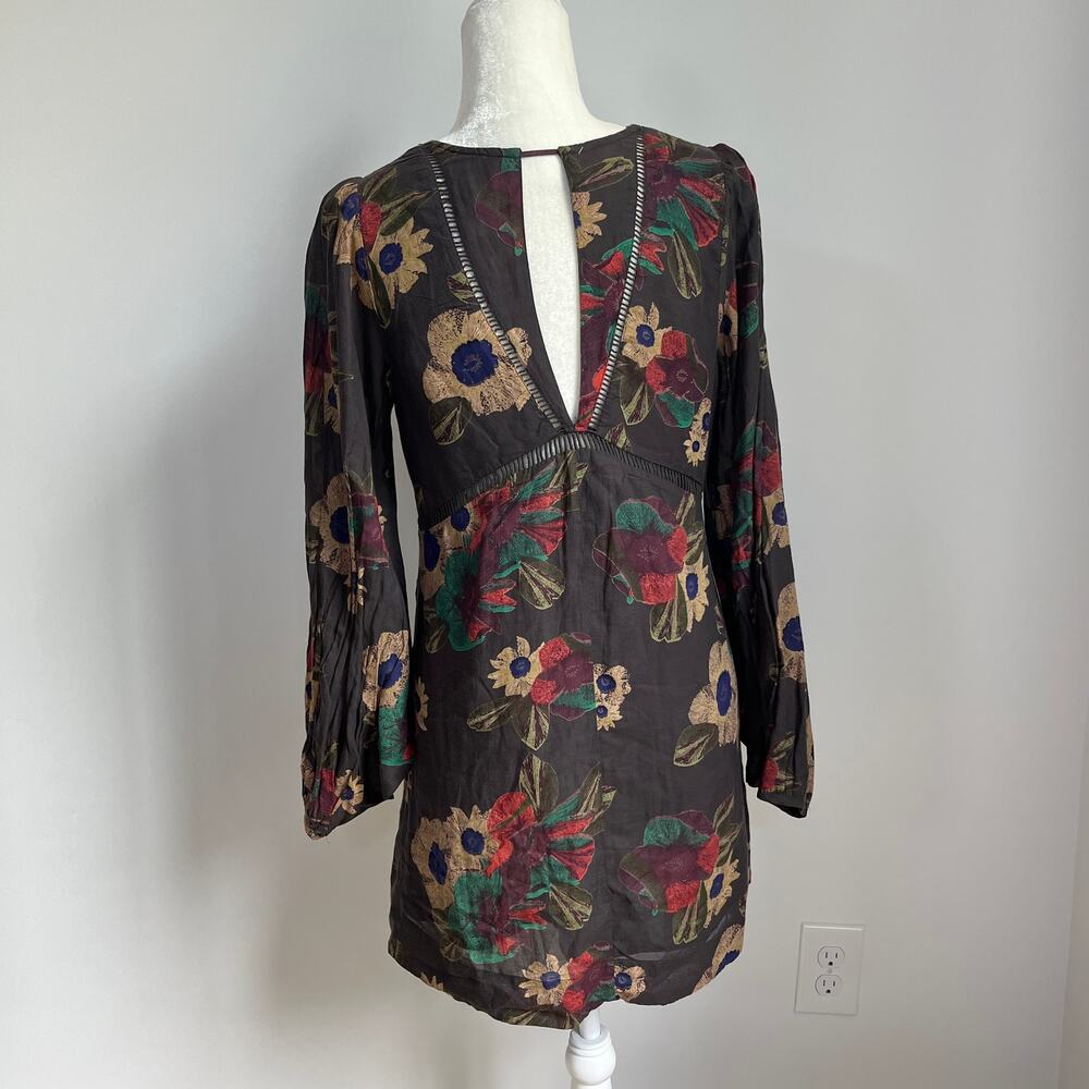 Free People Strawberry Fields Brown Floral Long Sleeve Tunic Mini Dress - Picture 5 of 7